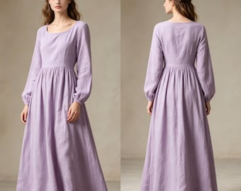 Linen Maxi Dress Long Sleeve Round Neck Summer Fall Dress Cottagecore Linen Dress Minimalist Romantic Dress Vintage Wedding Dress for Women