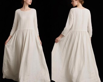 Elegant Long Linen Dress with Pockets Linen Kaftan Dress Loose Flowy A-Line Dress Rustic Boho Maxi Dress Spring Summer Dress Custom Dress