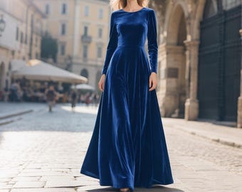 Royal Blue Velvet Dress Women, Long Sleeve Floor Length Gown, Elegant Handmade Velvet Maxi Dress, Winter Formal Evening Dress Velvet Gown