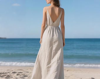Spaghetti Strap Dress with Low V-back Floor Length Linen Maxi Dress with adjustable straps Beach Minimalist Dress Summer Dress Custom Dress