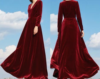 Vestido largo de terciopelo rojo vino para mujer, vestido de manga larga con cuello en V, vestido formal elegante personalizado, vestido de noche largo hasta el suelo, vestido de fiesta de otoño e invierno.