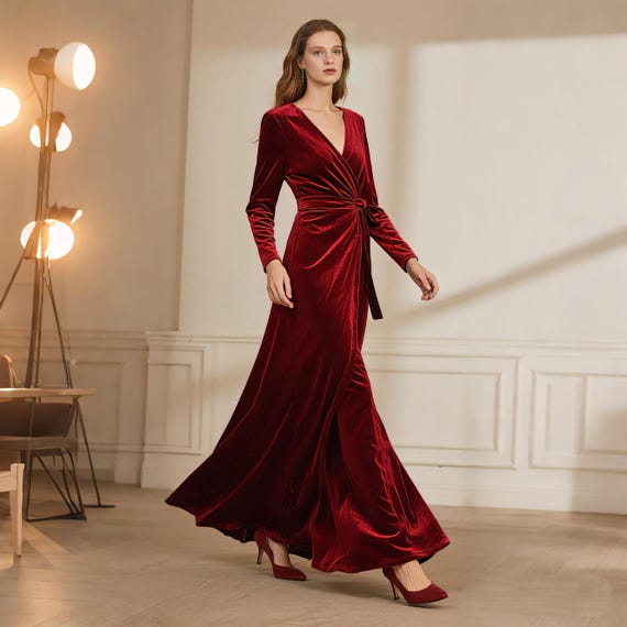 long sleeve velvet wrap maxi dress Mommy And Me Wrap Velvet Dress-bridesmaid Velvet Wrap Dress-long Sleeve  Wrap Dress-wrap Maxi Dress-velvet Dress For Christmas Family Picture