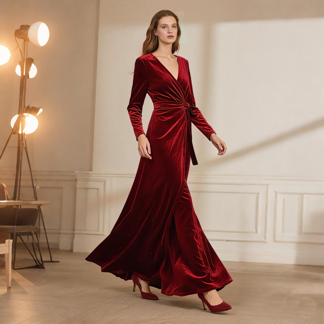 knee length dresses for ladies Arcadia Black Velvet Plunge-Neck Wrap Midi Dress – Club L London main image 1