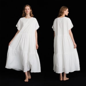White Linen Cotton Dress with Pockets Tiered Maxi Loose Fit Dress Women Short Sleeve Summer Boho Dress Handmade Custom Dress Plus Size Dress