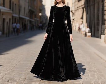 Black Velvet Maxi Dress Women, Long Sleeve Floor Length Gown, Elegant Velvet Evening Dress, Fall Winter Formal Dress Holiday Party Outfit
