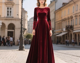 Bordeauxrode fluwelen jurk dames, fluwelen maxi-jurk tot vloerlengte, elegante winterjurk met lange mouwen, handgemaakte formele avondjurk aangepaste jurk