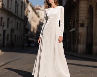 navy blue dress for baby girl Elegant White Velvet Maxi Dress With Long Sleeves | Minimalist Formal Gown  | Winter Wedding Guest Dress | Soft Flowing Outfit Autumn Dress