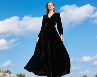 Black Velvet Maxi Dress Women V Neck Long Sleeve Dress Elegant Evening Gown Fall Winter Formal Dress Custom Dress Velvet Gown Party Dress