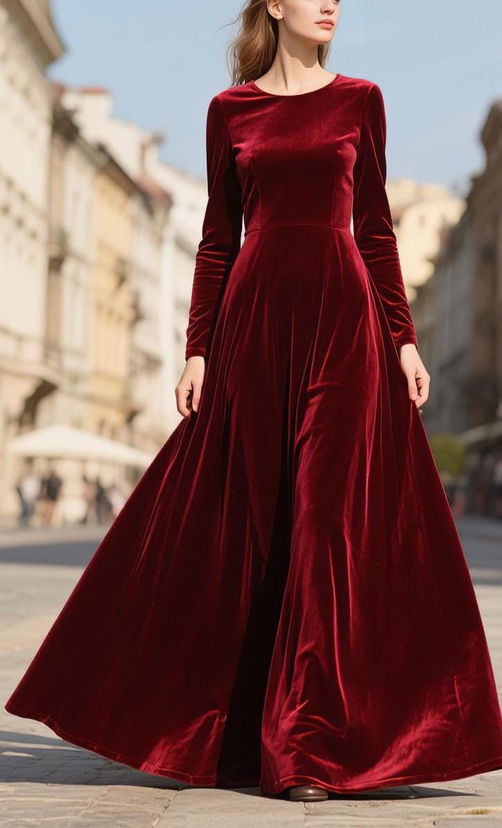 Burgundy Velvet Maxi Dress Long Sleeve Floor Length Gown Elegant Fall Winter Dress Wedding Guest Dress Formal Evening Dress Custom Dress