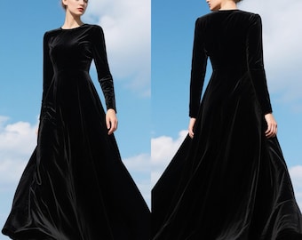 Black Velvet Maxi Dress Women Long Sleeve Dress Elegant A-Line Fall Winter Dress Evening Gown Custom Handmade Dress Velvet Gown Party Dress