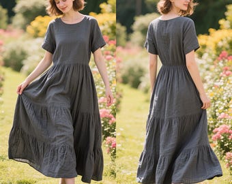 Linen Maxi Dress Summer Short Sleeve Tiered Flowy Dress with Pockets Women Dress Casual Boho Dress Round Neck Custom Dress Handmade Dress