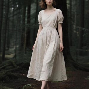 Linen Dress with Pockets Short Puff Sleeves Romantic Cottagecore Maxi Dress Summer Dress Vintage Flowy Linen Gown Soft Women Handmade Dress
