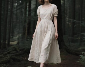 Linen Dress with Pockets Short Puff Sleeves Romantic Cottagecore Maxi Dress Summer Dress Vintage Flowy Linen Gown Soft Women Handmade Dress