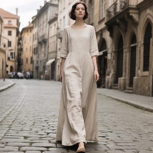 Linen Maxi Dress with 3/4 Sleeves Loose Fit Cottagecore Dress Minimalist Handmade Linen Gown Soft Boho Everyday Dress for Women Custom Dress