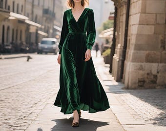Emerald Green Velvet Maxi Dress V Neck Long Sleeve Dress Evening Gown Fall Winter Dress Holiday Party Dress Bridesmaid Dress Custom Dress