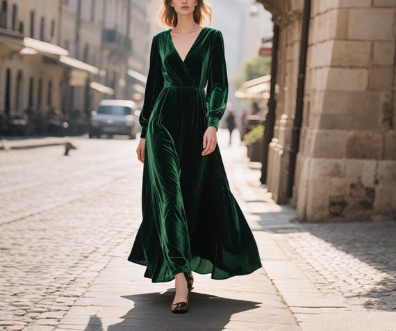 chinese dress ladies Wedtrend Women Dark Green Velvet Maxi Evening Dress A-Line Long Sleeves Holiday Dress, Dark Green / US6 main image 1