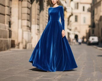 Royal Blue Velvet Dress Women, Long Sleeve Floor Length Velvet Gown, Elegant Handmade Velvet Maxi Dress, Winter Evening Formal Party Dress