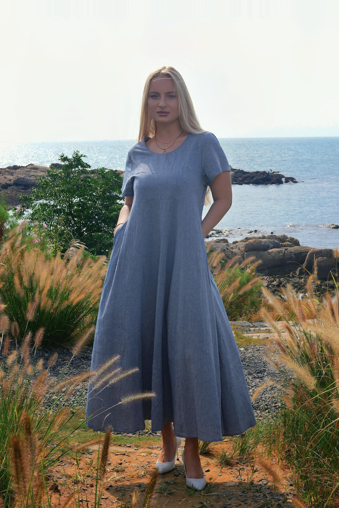long white cotton dress Elisa Size:Us 16 Entryway Beige Off Shoulder Dress