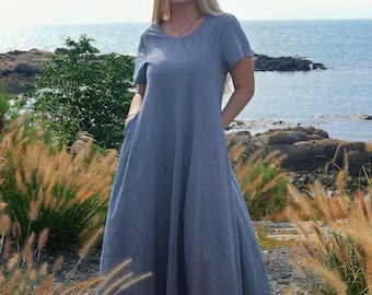 Linen Dress with Pockets A Line Dress Women Linen Maxi Dress Short Sleeve Round Neck Dress Loose Summer Fall Dress Custom Plus Size Dress