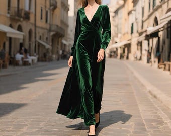 Emerald Green Velvet Maxi Dress V Neck Long Sleeve Gown Open Back Dress Fall Winter Dress Wedding Guest Dress Bridesmaid Dress Formal Dress