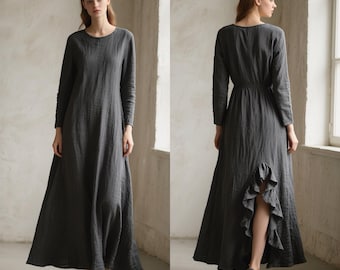 Linen Maxi Dress  Long Sleeve Loose Linen Dress with Back Ruffle Slit Minimalist Handmade Linen Dress Spring Summer Fall Dress Custom Dress