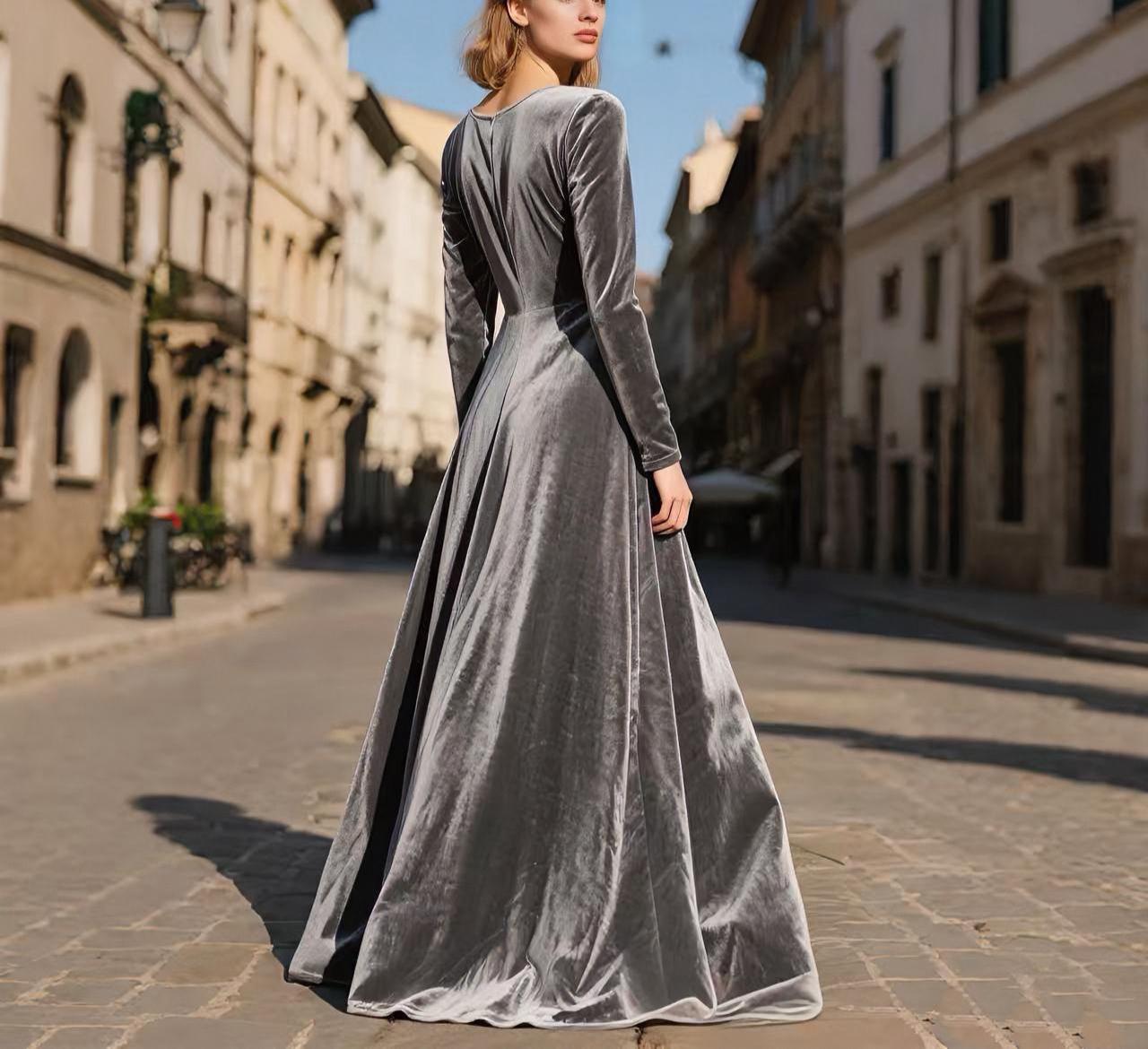 silver velvet maxi dress Leslie Velvet Maxi Dress