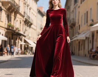 Wijnrode fluwelen jurk dames, fluwelen jurk met lange mouwen, elegante fluwelen maxi-jurk tot vloer, handgemaakte bordeauxrode formele avond feestjurk