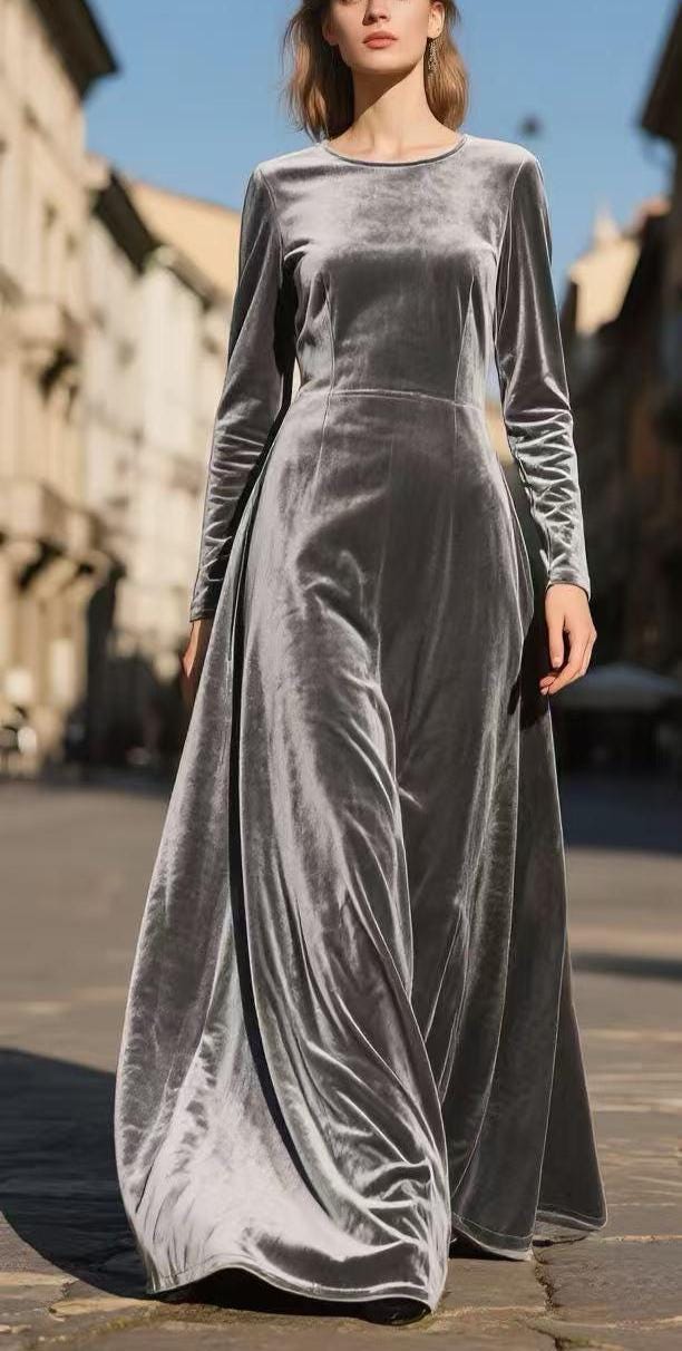 silver velvet maxi dress Silver Velvet Maxi Dress Women Long Sleeve Floor Sweeping Gown Elegant Fall Winter Evening Party Dress Formal Dress Custom Handmade Dress
