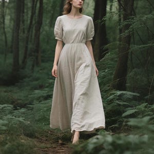 Linen Dress Custom Puff Sleeve Linen Maxi Dress with Elastic Waist Romantic Cottagecore A-Line Dress Flowy Long Dress Linen Summer Dress