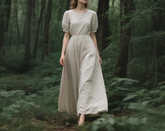 Linen Dress Custom Puff Sleeve Linen Maxi Dress with Elastic Waist Romantic Cottagecore A-Line Dress Flowy Long Dress Linen Summer Dress