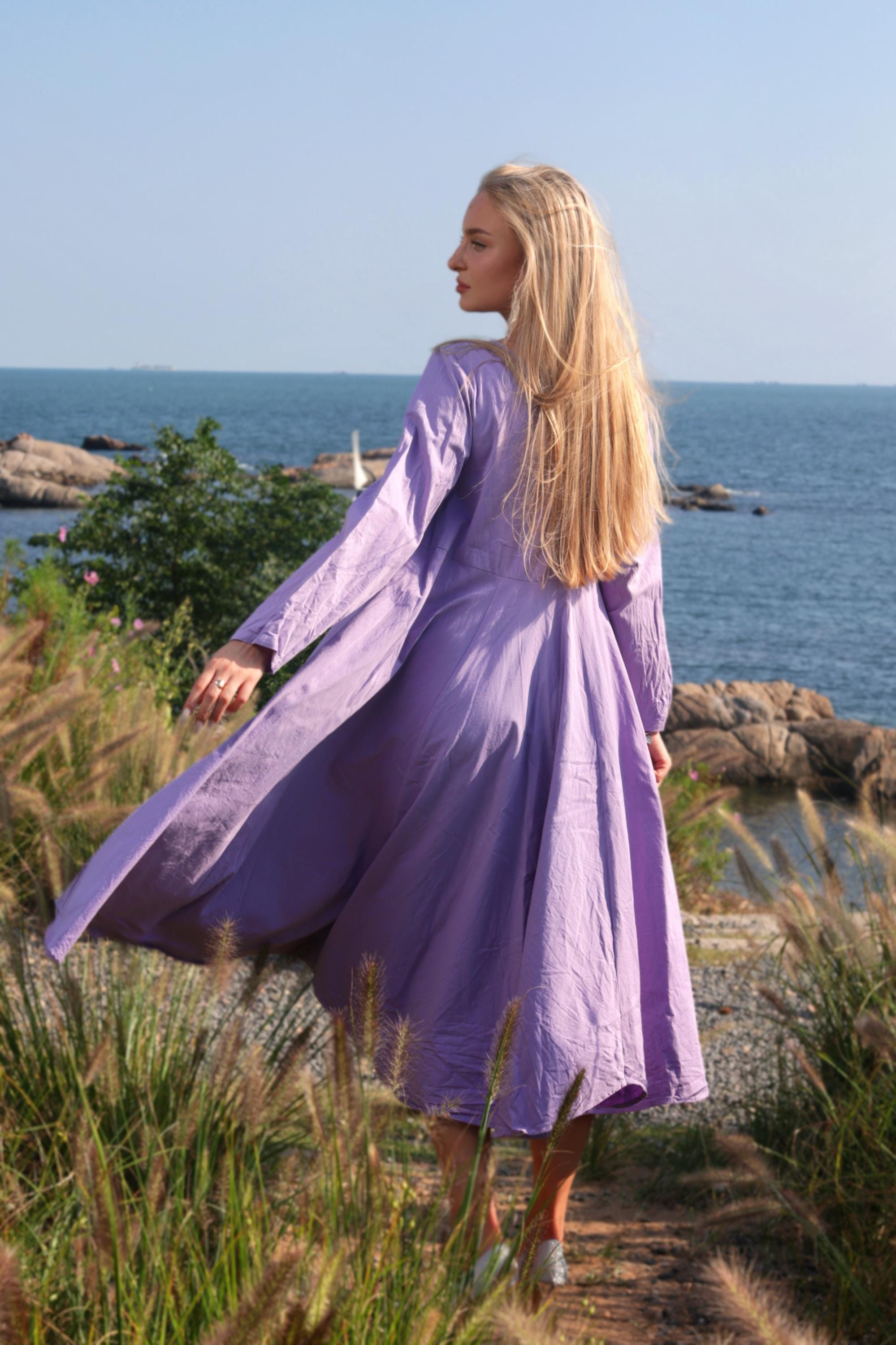 Women Flowy Dress Fashion Casual Dress Fairy Dress 100% Cotton Dress With  Petal Hem Elegant Lilac Maxi Dress Fall Winter Plus Size Dress - Etsy