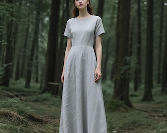 Linen A-Line Dress Minimalist Short Sleeve Maxi Dress with Pockets Custom Linen Gown Soft Kaftan Dress Floor-Length Dress Elegant Long Dress