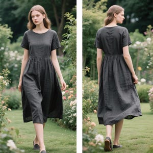 Linen Midi Dress Custom Linen Dress Women Short Sleeve Round Neck Cottagecore Dress with Pockets Soft A-Line Dress Minimalist Handmade Dress