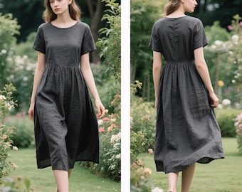Linen Midi Dress Custom Linen Dress Women Short Sleeve Round Neck Cottagecore Dress with Pockets Soft A-Line Dress Minimalist Handmade Dress