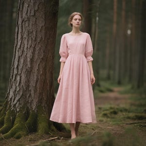 Romantic Linen Maxi Dress with Puff Half Sleeves Cottagecore A-Line Dress with Pockets Vintage Inspired Soft Flowy Dress Women Custom Dress