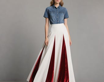 White Velvet Maxi Skirt Women Red Panel Floor Length Skirt Elegant Holiday Party Formal A Line Long Skirt Custom Skirt Spring Autumn Skirts