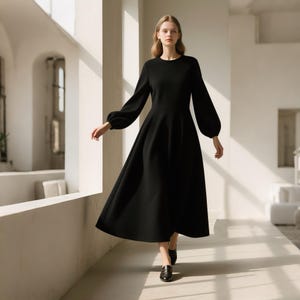 navy blue dress for baby girl Black Winter Midi Wool Dress, Boat Neck Pleated Dress, Long Sleeve Dress  With Pockets, Fitted and Flare Dress, Retro Day Dress 1622# main image 0