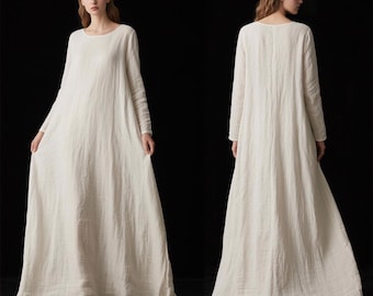 Oversized Linen Maxi Dress Loose Fit Long Sleeve Extra Long Dress Floor Sweeping Dress Minimalist Linen Kaftan Women Handmade Custom Dress