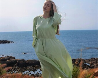 Women's Linen Dress Long Sleeves Dress Hooded Dress Linen Maxi Dress with Pockets Loose Casual Spring Summer Dress Custom Plus Size Dress