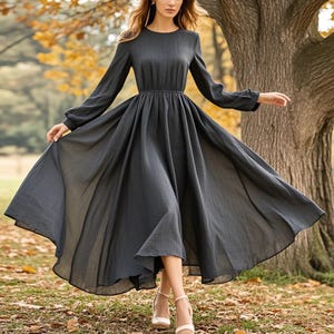 Elegante vestido largo de lino, manga larga, fluido, estilo vintage, corte A, romántico, estilo bohemio, estilo pradera, primavera y verano.