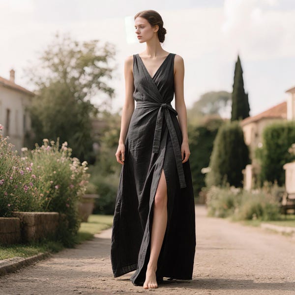 Linen Wrap Dress for Women Sleeveless Deep V-Back Maxi Dress Handmade Long Summer Fall Dress Custom Boho Minimalist Dress Elegant Linen Gown