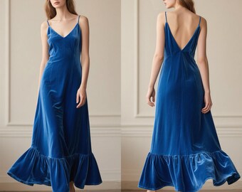 Velvet Slip Maxi Dress with Deep V Back Spaghetti Straps Dress with Ruffle Hem Evening Gown Bridesmaid Dress Fall Winter Dress Custom Dress