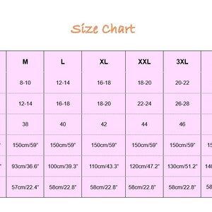 May include: A size chart with pink cells and white text. The chart includes US, UK, and EU sizes, dress length (59 inches), bust measurements (34.6 to 63 inches), and sleeve length (22 to 22.8 inches).