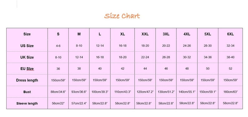 May include: A size chart with pink cells and white text. The chart includes US, UK, and EU sizes, dress length (59 inches), bust measurements (34.6 to 63 inches), and sleeve length (22 to 22.8 inches).
