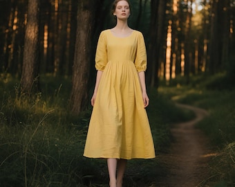 Linen Dress with Pockets Midi Dress for Women Round Neckline Puff Sleeve Dress Summer Cottagecore Dress Vintage Boho Dress Soft Custom Dress