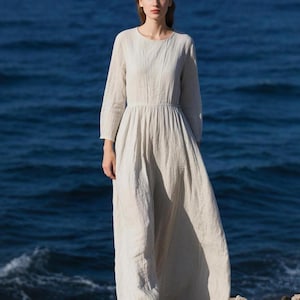White Long Linen Dress for Women Soft Linen Maxi Dress with Long Sleeves Floor-Length Spring Summer Dress Vintage Dress Women Custom Dress