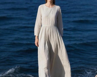 White Long Linen Dress for Women Soft Linen Maxi Dress with Long Sleeves Floor-Length Spring Summer Dress Vintage Dress Women Custom Dress