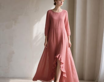 Vestido largo de lino con mangas 3/4 y dobladillo con volantes, hecho a mano, largo y moderno, para mujer, primavera, verano y otoño, personalizado.