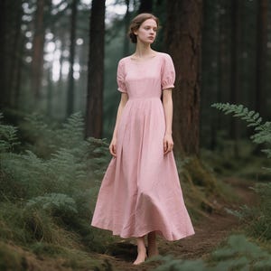 Linen Dress With Pockets Women Cottagecore Short Puff Sleeve Maxi Dress Romantic Vintage-Inspired Summer Dress Picnics Garden Party Dress