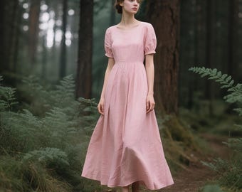 Linen Dress With Pockets Women Cottagecore Short Puff Sleeve Maxi Dress Romantic Vintage-Inspired Summer Dress Picnics Garden Party Dress
